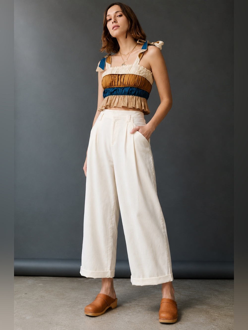 Maeve Anthropologie Ivory Pleated Wide Leg Cropped Pants 00P Petite